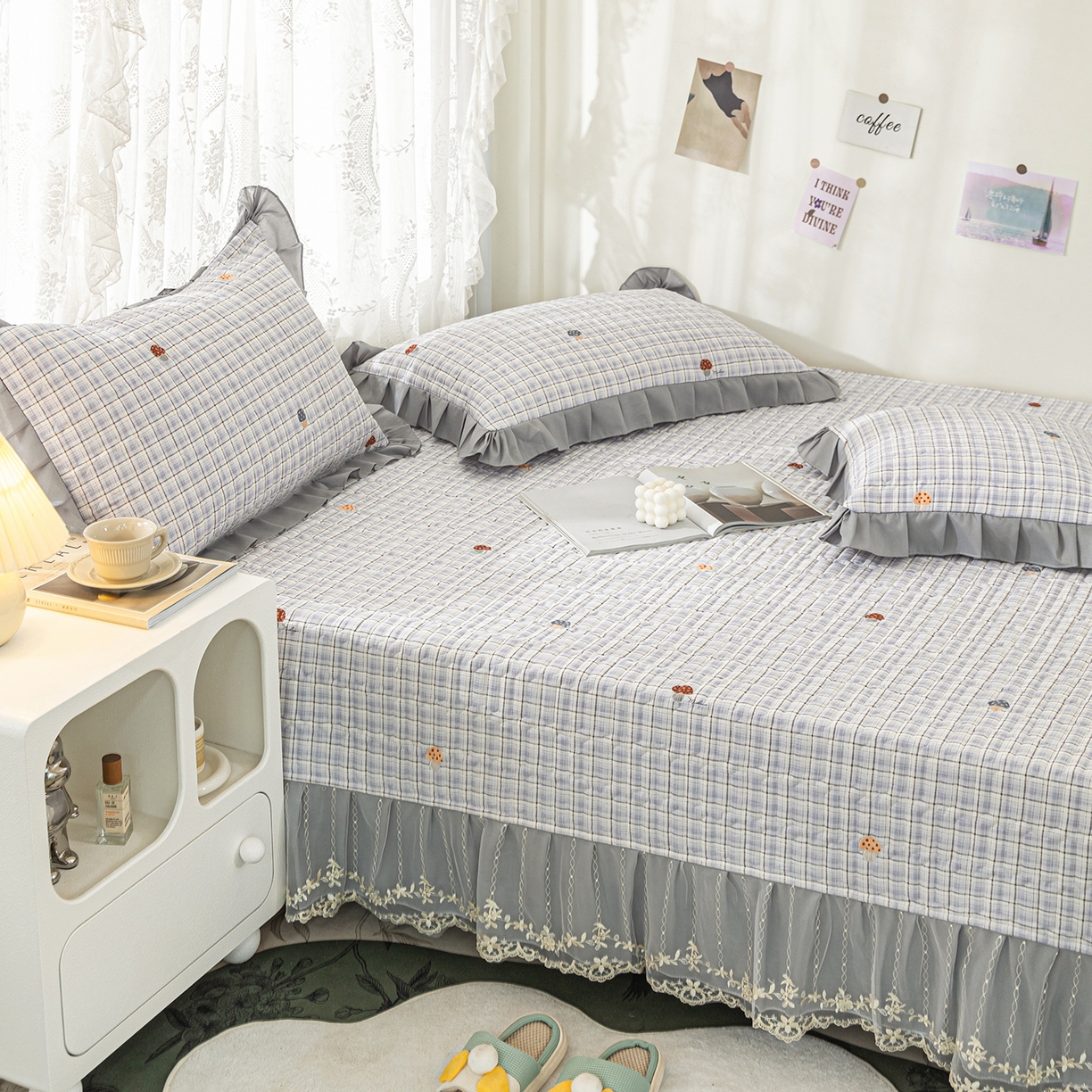 91家纺网 家纺一手货源 找家纺 美优兰 2025新款全棉防滑榻榻米炕垫纯棉床盖三件套 蘑菇格