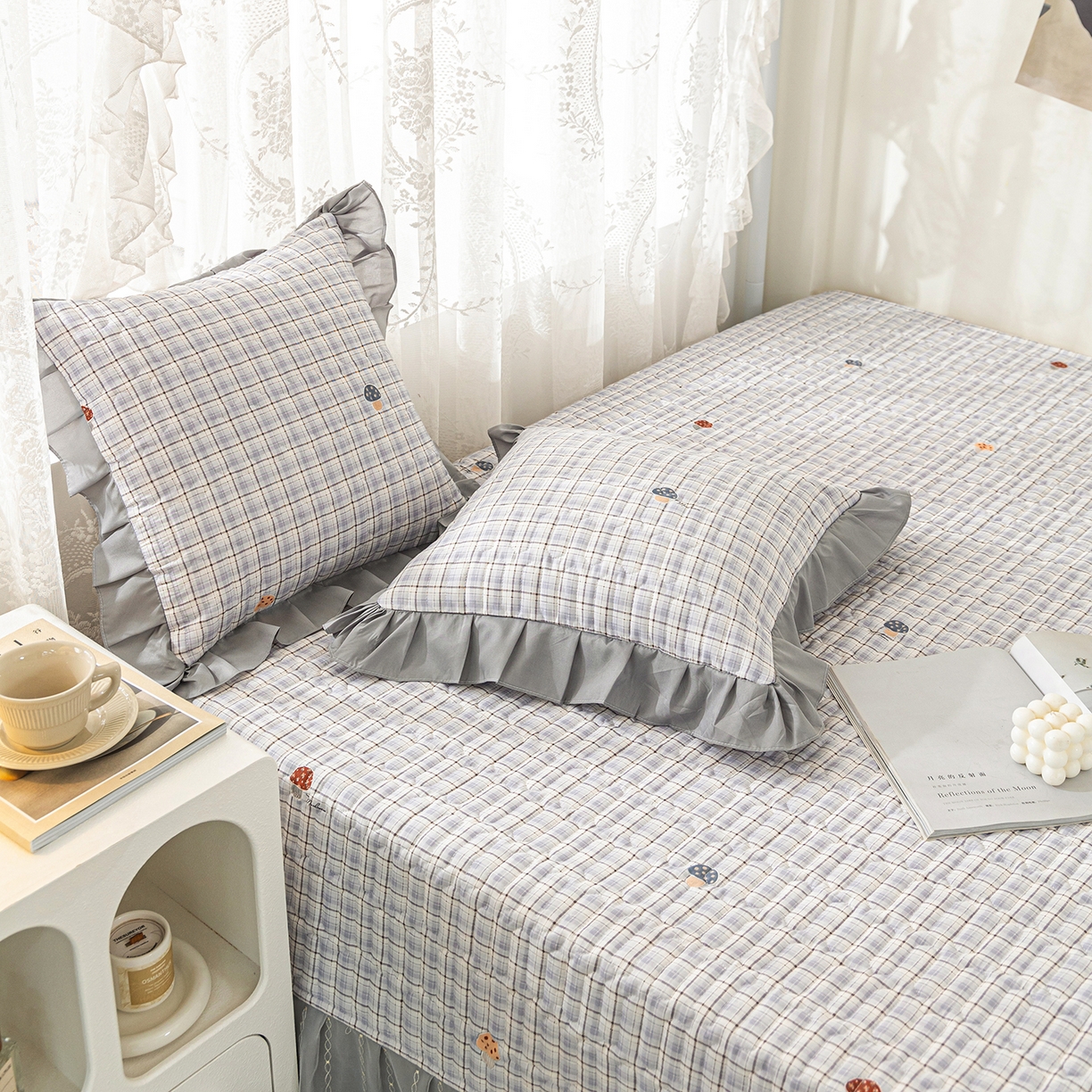 91家纺网 家纺一手货源 找家纺 美优兰 2025新款全棉防滑榻榻米炕垫纯棉床盖三件套 蘑菇格