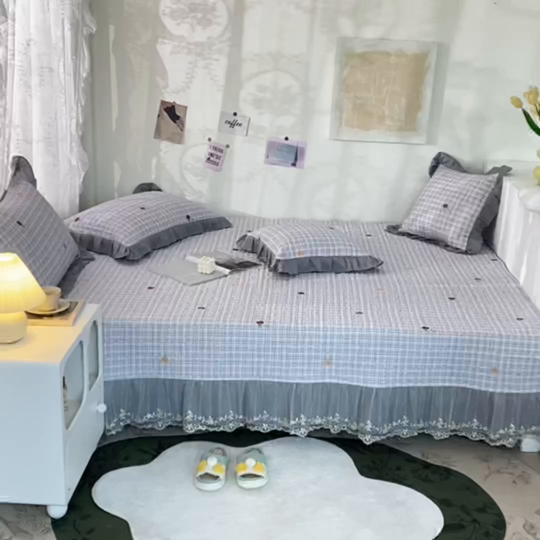 91家纺网 家纺一手货源 找家纺 美优兰 2025新款全棉防滑榻榻米炕垫纯棉床盖三件套 蘑菇格