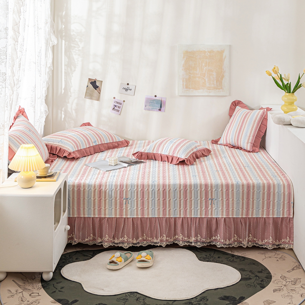 91家纺网 家纺一手货源 找家纺 美优兰 2025新款全棉防滑榻榻米炕垫纯棉床盖三件套 听海