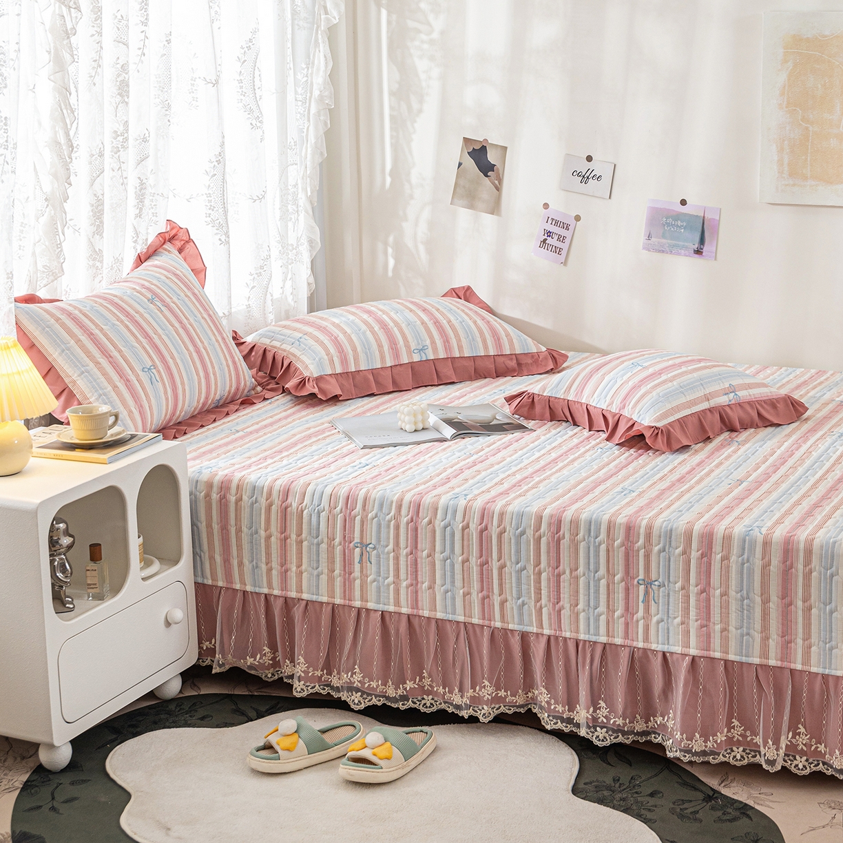 91家纺网 家纺一手货源 找家纺 美优兰 2025新款全棉防滑榻榻米炕垫纯棉床盖三件套 听海