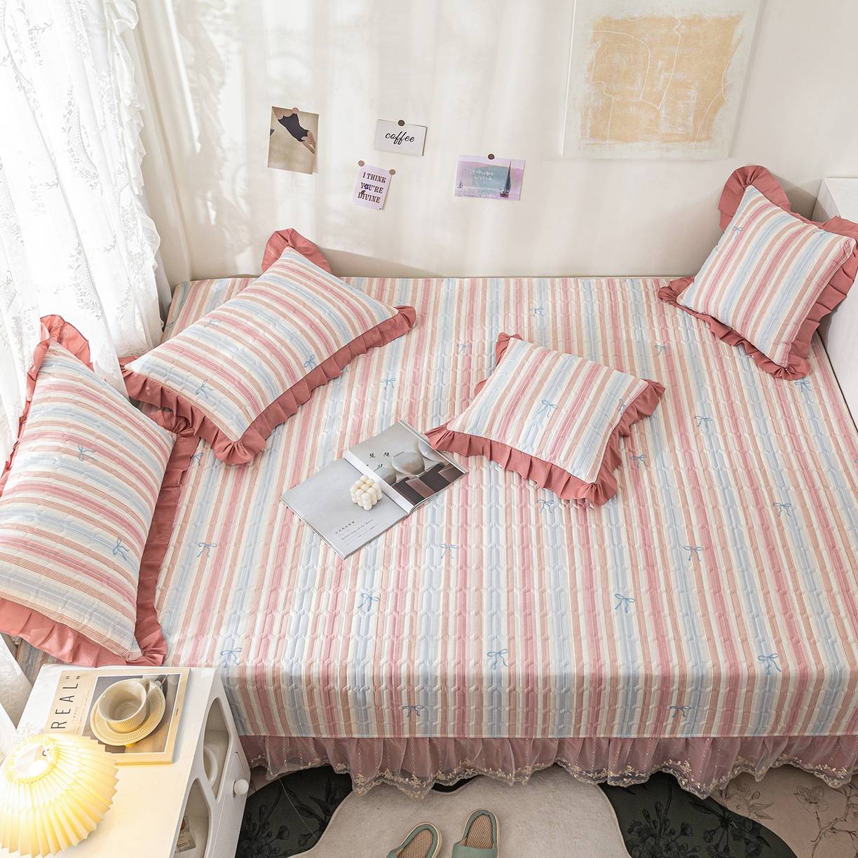 91家纺网 家纺一手货源 找家纺 美优兰 2025新款全棉防滑榻榻米炕垫纯棉床盖三件套 听海