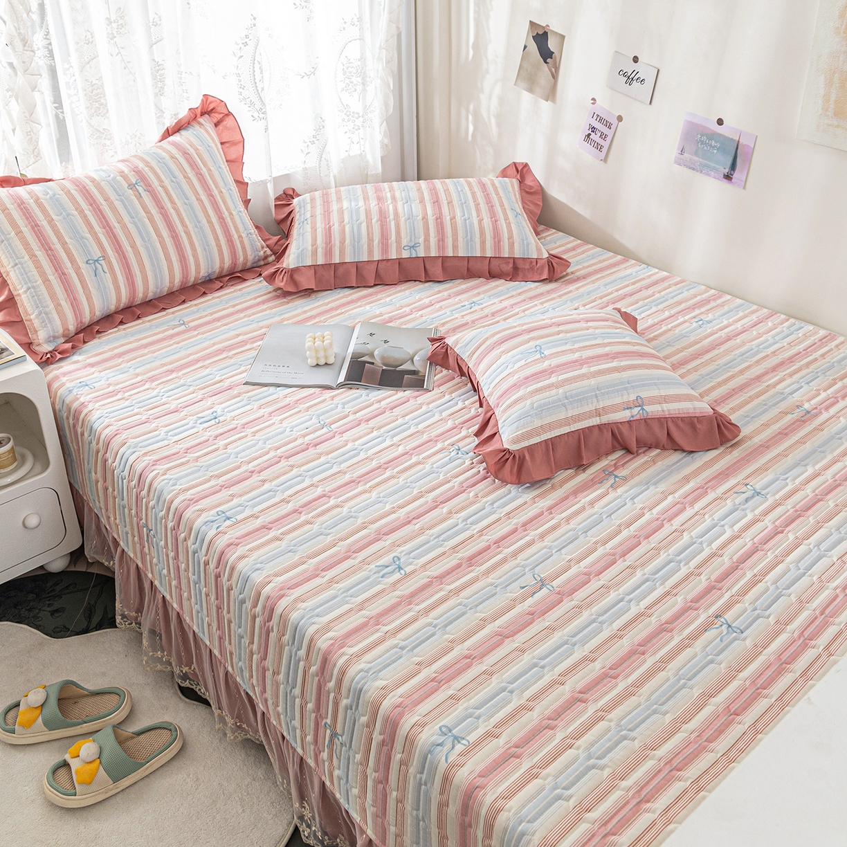 91家纺网 家纺一手货源 找家纺 美优兰 2025新款全棉防滑榻榻米炕垫纯棉床盖三件套 听海