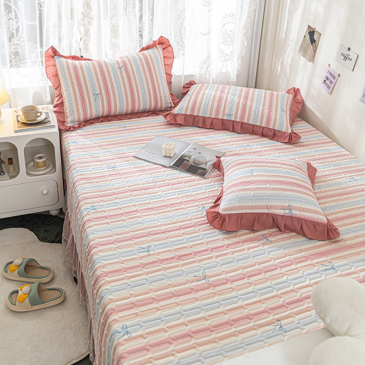 91家纺网 家纺一手货源 找家纺 美优兰 2025新款全棉防滑榻榻米炕垫纯棉床盖三件套 听海