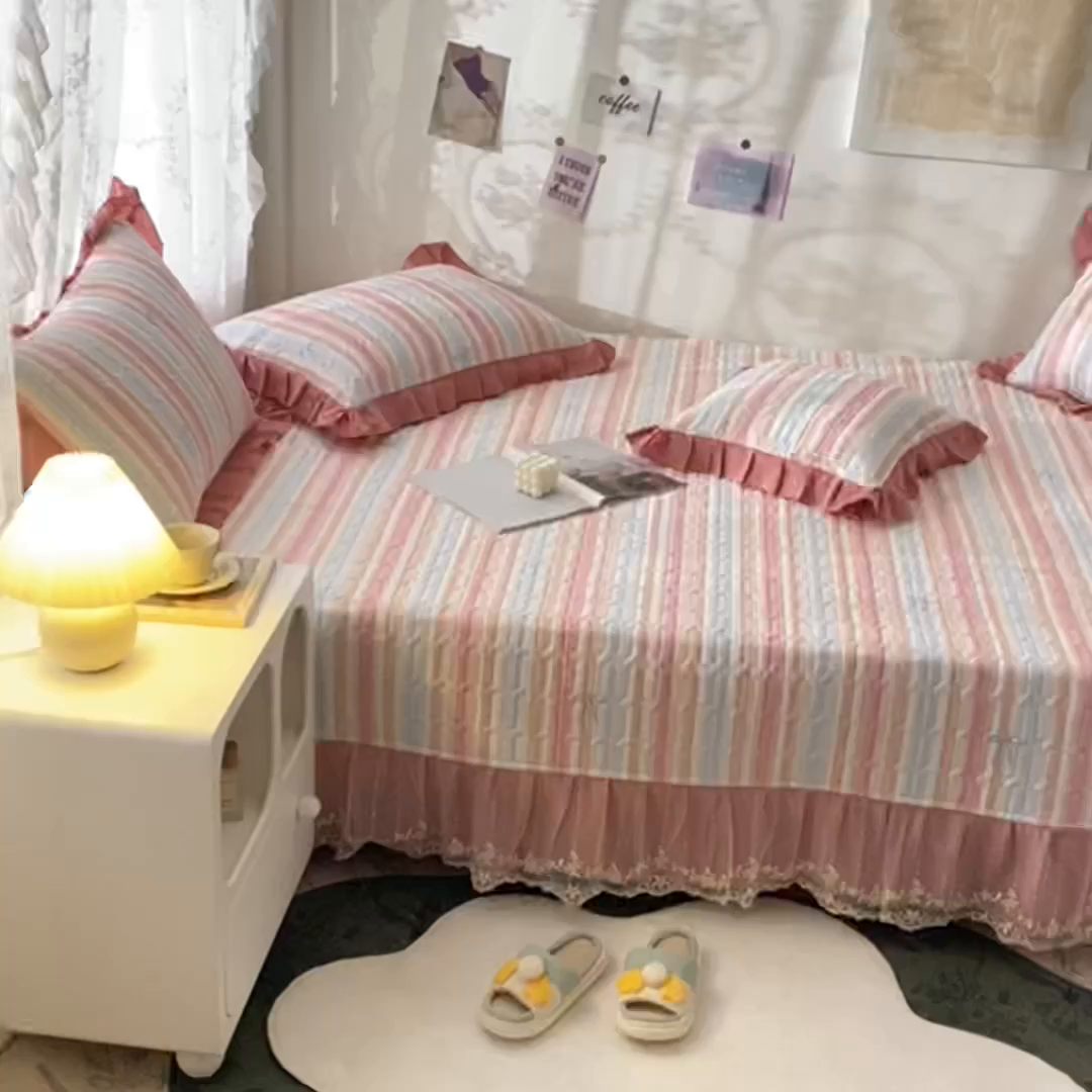 91家纺网 家纺一手货源 找家纺 美优兰 2025新款全棉防滑榻榻米炕垫纯棉床盖三件套 听海