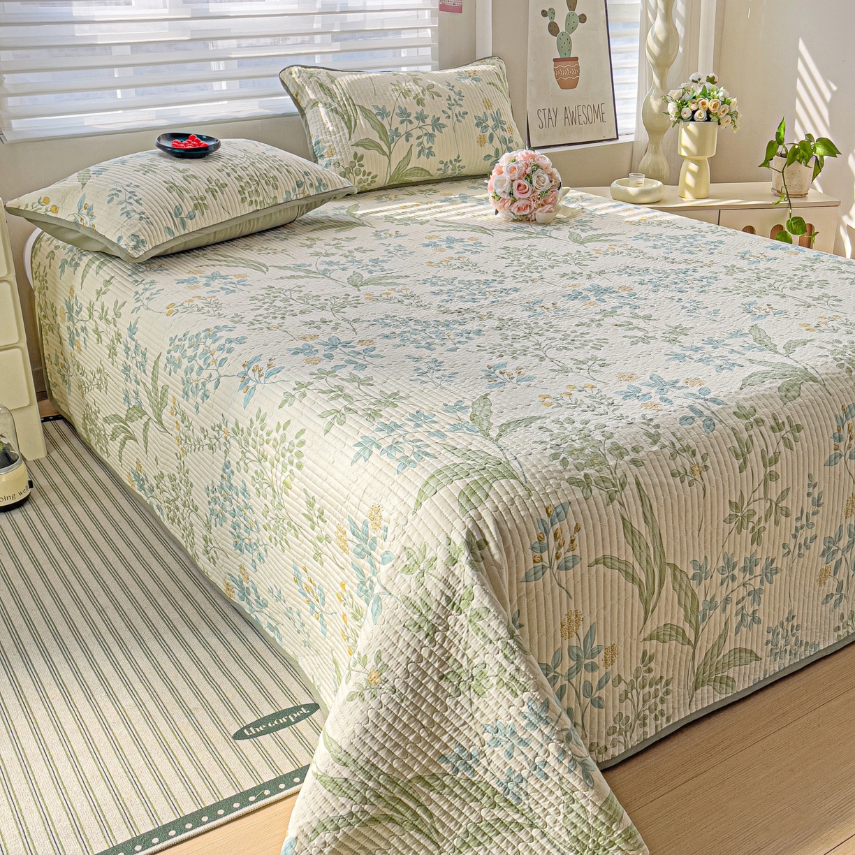 91家纺网 家纺一手货源 找家纺 暖萌 2025新款A类全棉棉花床盖印花三件套 仙草