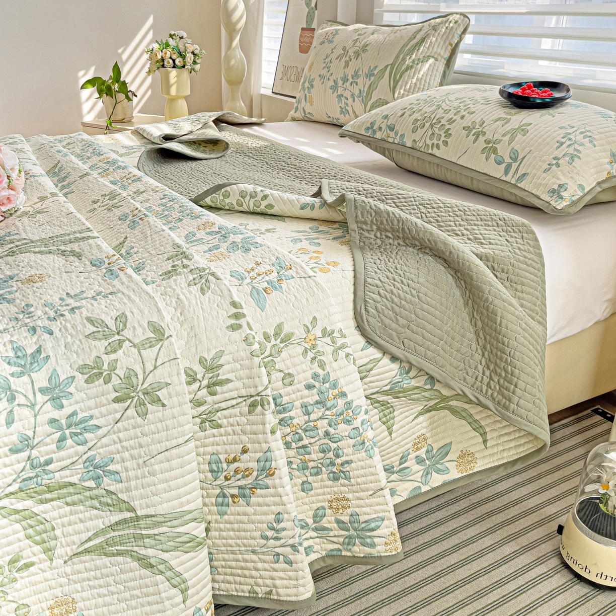 91家纺网 家纺一手货源 找家纺 暖萌 2025新款A类全棉棉花床盖印花三件套 仙草