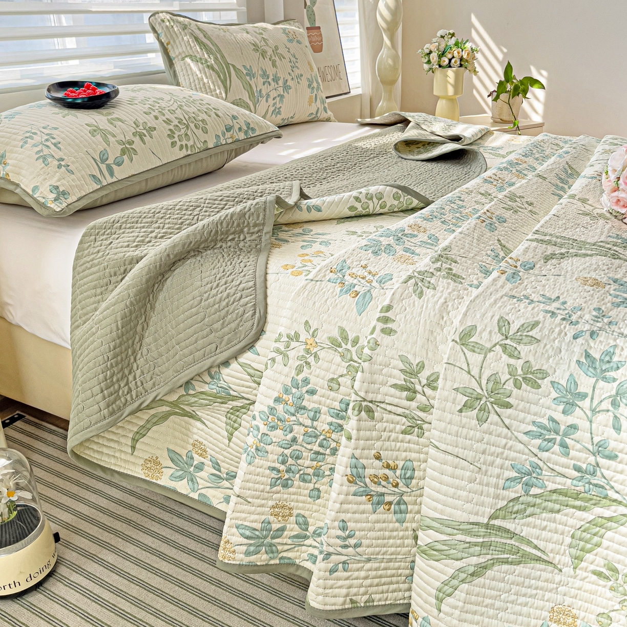 91家纺网 家纺一手货源 找家纺 暖萌 2025新款A类全棉棉花床盖印花三件套 仙草