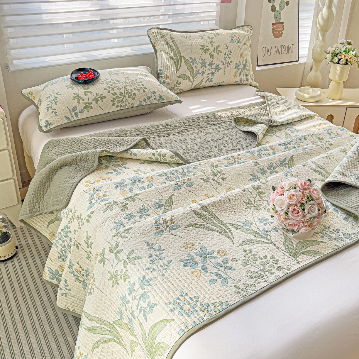 91家纺网 家纺一手货源 找家纺 暖萌 2025新款A类全棉棉花床盖印花三件套 仙草