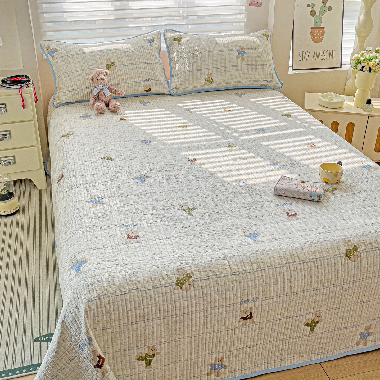 91家纺网 家纺一手货源 找家纺 暖萌 2025新款A类全棉棉花床盖印花三件套 比利熊