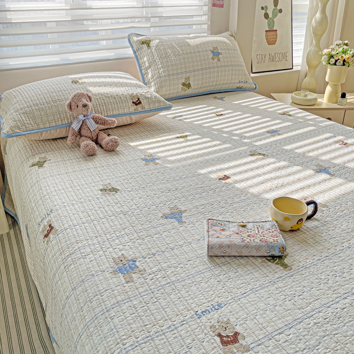 91家纺网 家纺一手货源 找家纺 暖萌 2025新款A类全棉棉花床盖印花三件套 比利熊