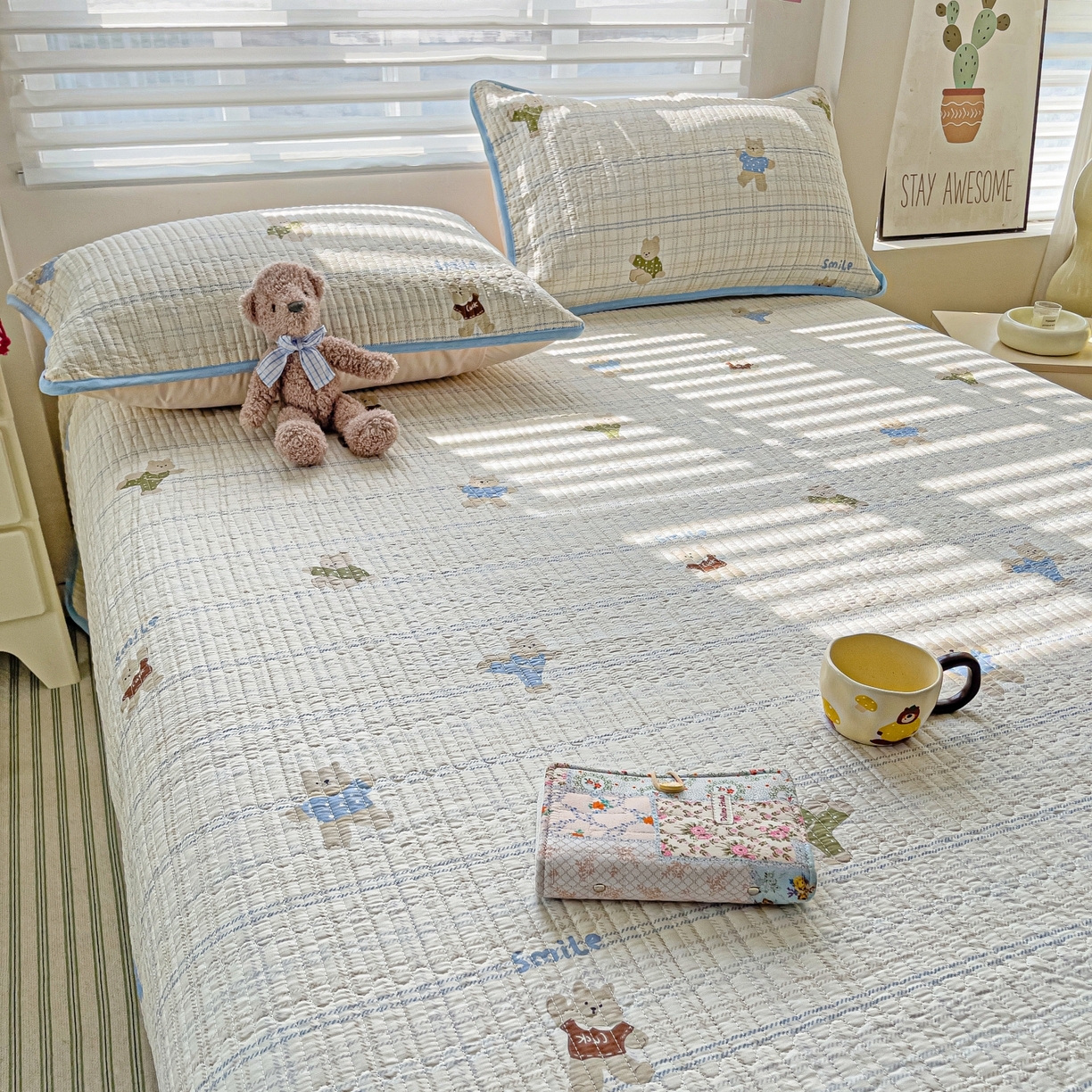 91家纺网 家纺一手货源 找家纺 暖萌 2025新款A类全棉棉花床盖印花三件套 比利熊