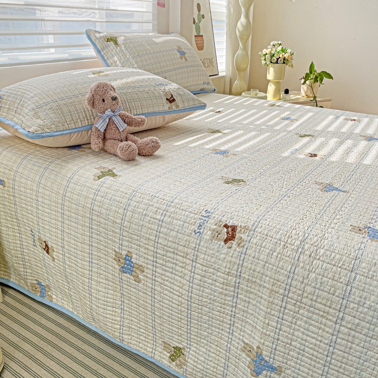 91家纺网 家纺一手货源 找家纺 暖萌 2025新款A类全棉棉花床盖印花三件套 比利熊