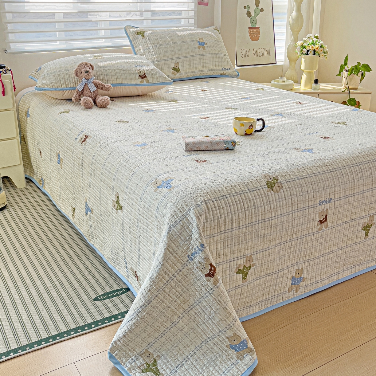 91家纺网 家纺一手货源 找家纺 暖萌 2025新款A类全棉棉花床盖印花三件套 比利熊