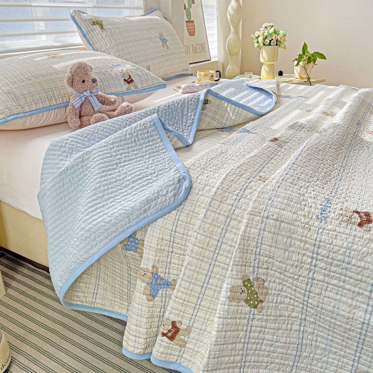 91家纺网 家纺一手货源 找家纺 暖萌 2025新款A类全棉棉花床盖印花三件套 比利熊