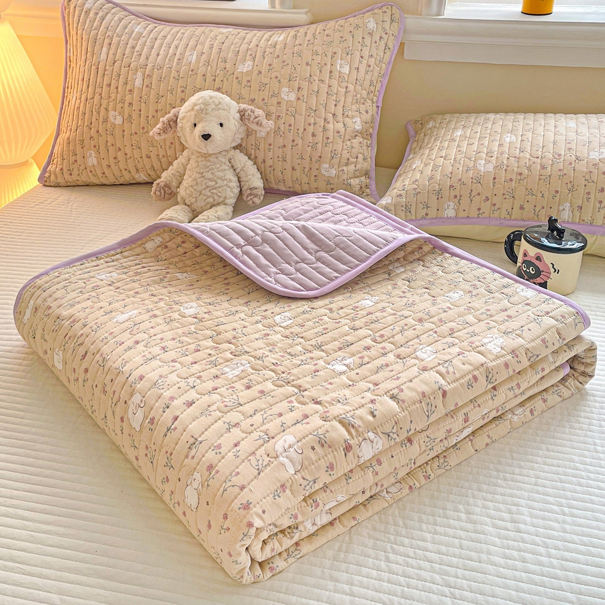 暖萌 2025新款A类全棉棉花床盖印花三件套 采薇兔