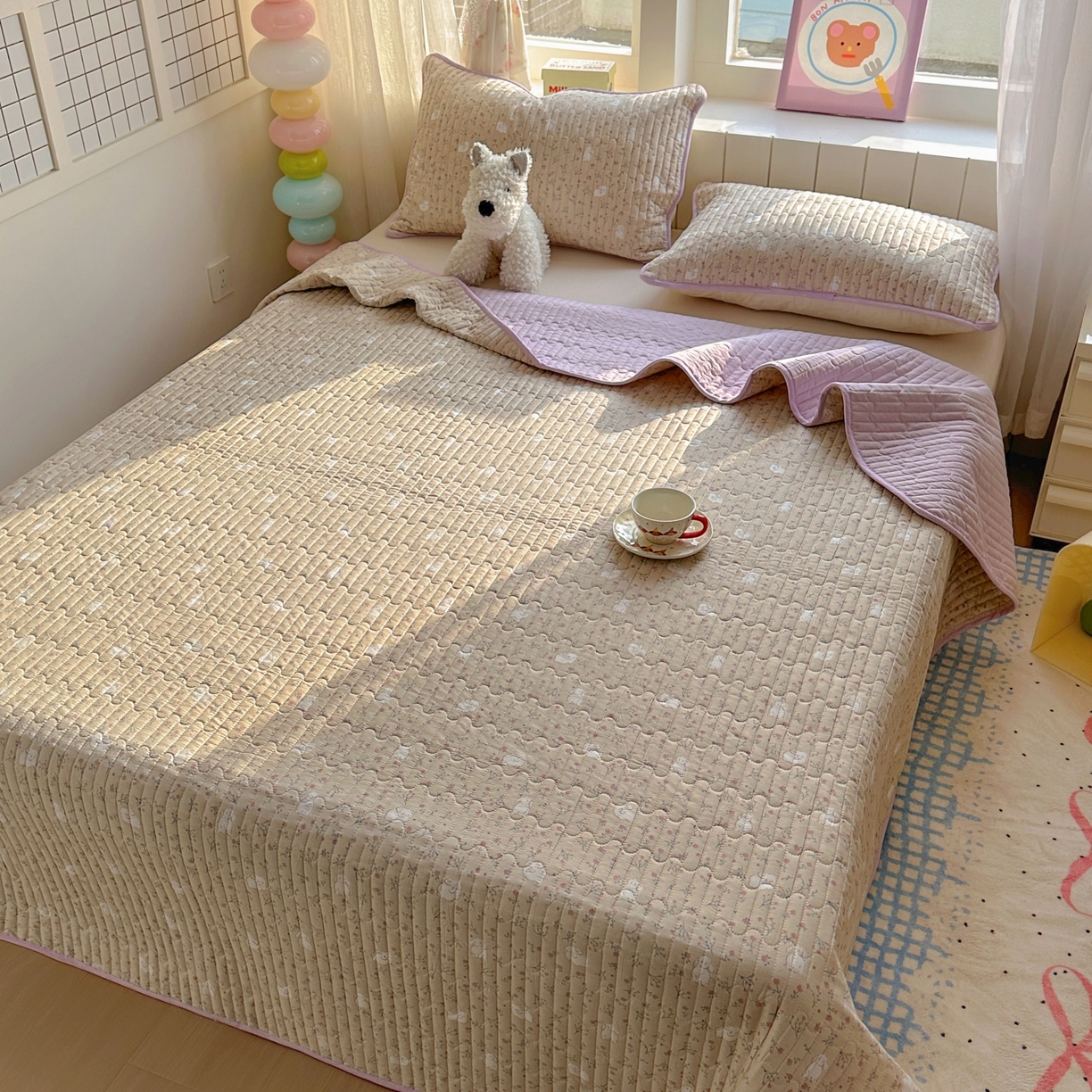 91家纺网 家纺一手货源 找家纺 暖萌 2025新款A类全棉棉花床盖印花三件套 采薇兔