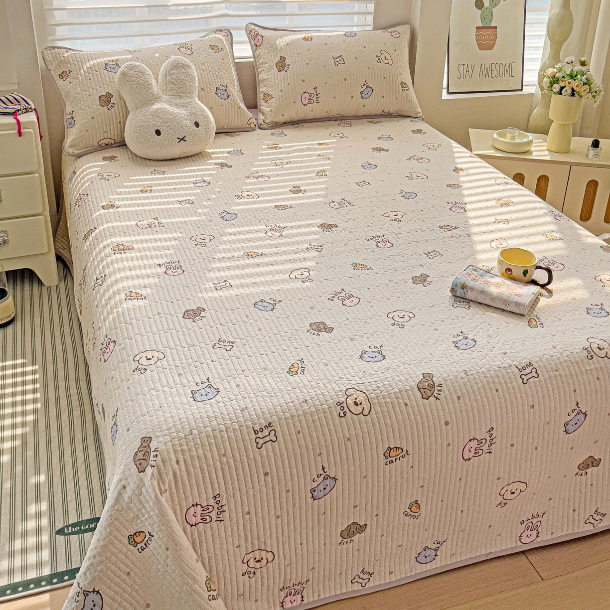 91家纺网 家纺一手货源 找家纺 暖萌 2025新款A类全棉棉花床盖印花三件套 宠物时间-米