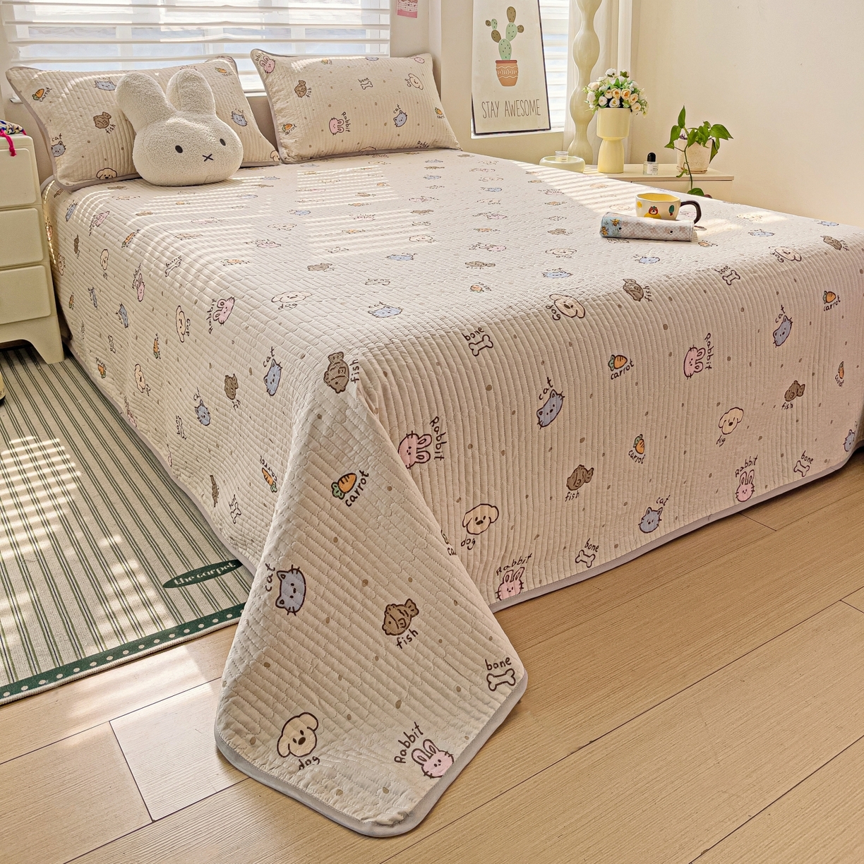 91家纺网 家纺一手货源 找家纺 暖萌 2025新款A类全棉棉花床盖印花三件套 宠物时间-米