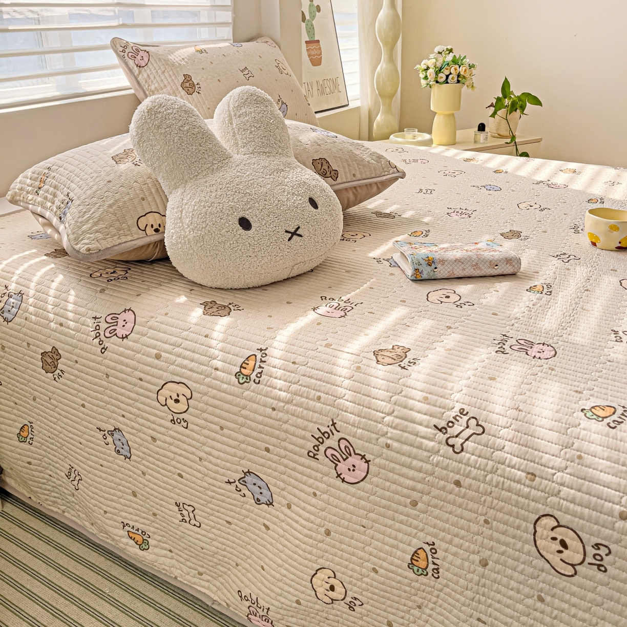 91家纺网 家纺一手货源 找家纺 暖萌 2025新款A类全棉棉花床盖印花三件套 宠物时间-米