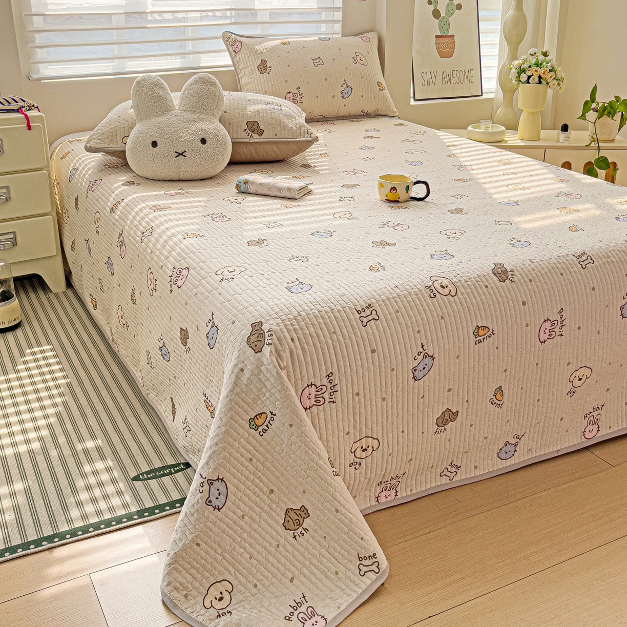 91家纺网 家纺一手货源 找家纺 暖萌 2025新款A类全棉棉花床盖印花三件套 宠物时间-米