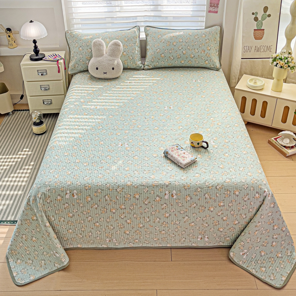 91家纺网 家纺一手货源 找家纺 暖萌 2025新款A类全棉棉花床盖印花三件套 花蜜-绿