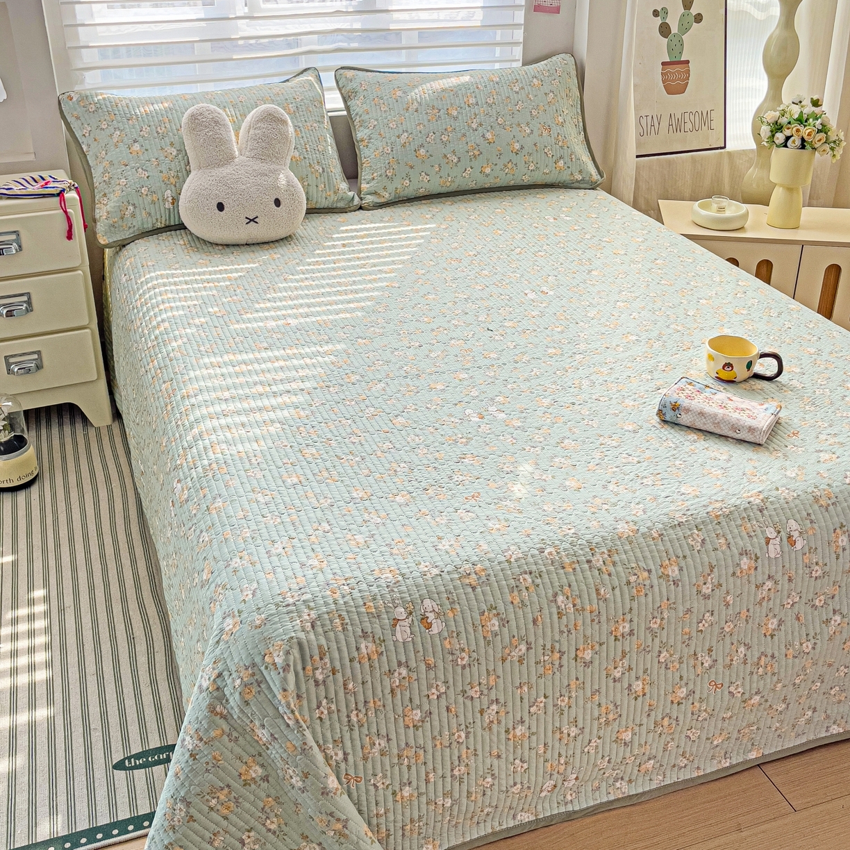 91家纺网 家纺一手货源 找家纺 暖萌 2025新款A类全棉棉花床盖印花三件套 花蜜-绿