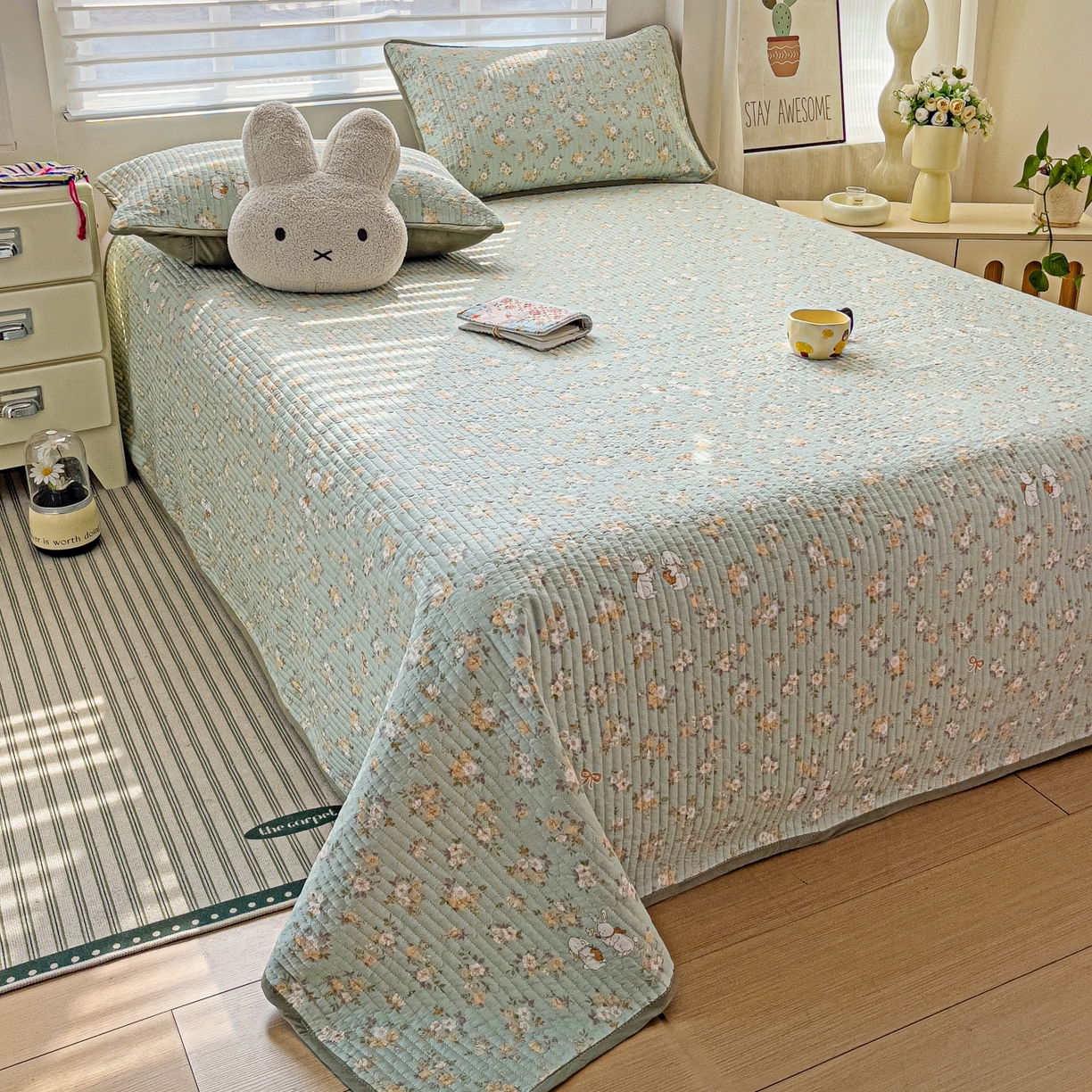 91家纺网 家纺一手货源 找家纺 暖萌 2025新款A类全棉棉花床盖印花三件套 花蜜-绿