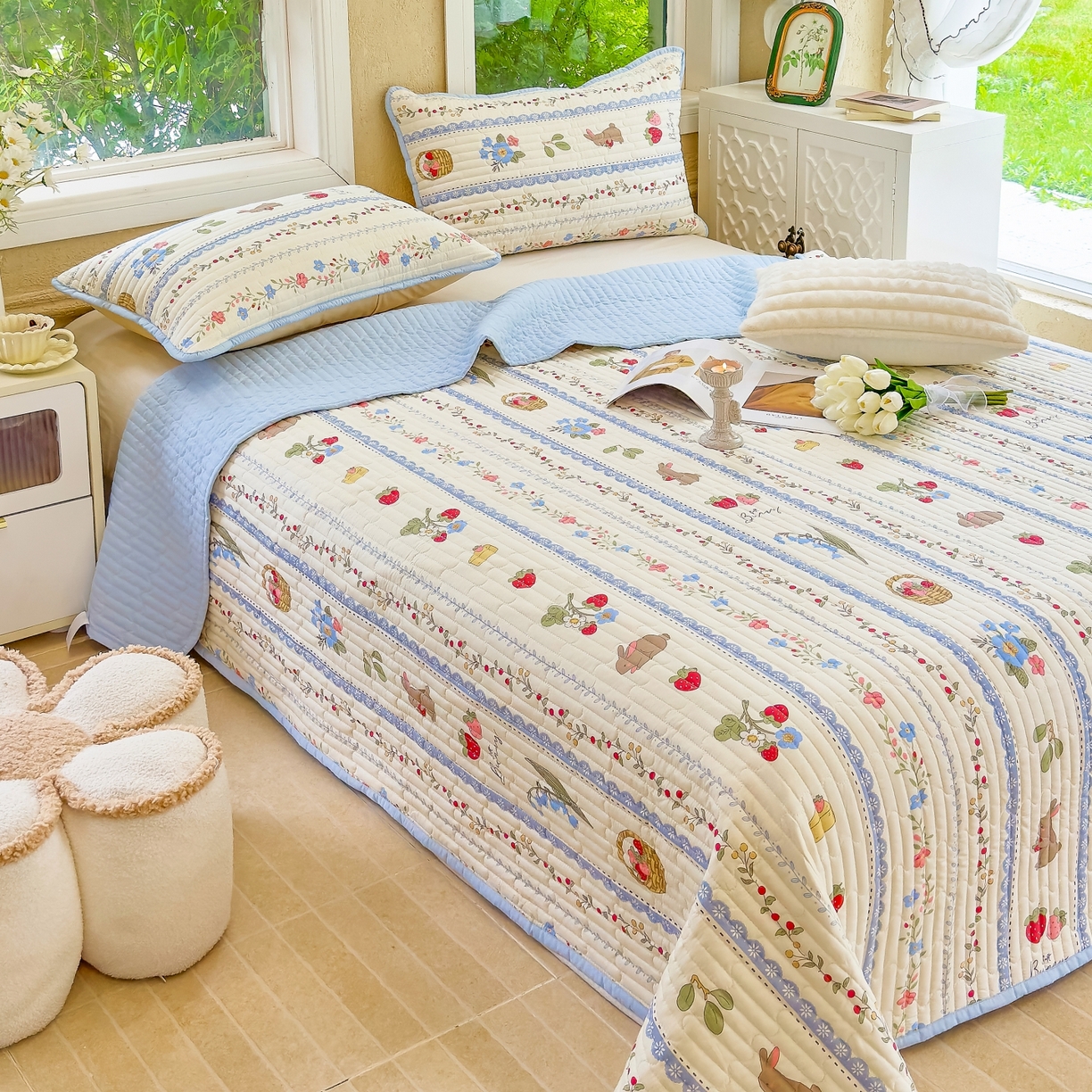 91家纺网 家纺一手货源 找家纺 暖萌 2025新款A类全棉棉花床盖印花三件套 浆果小兔