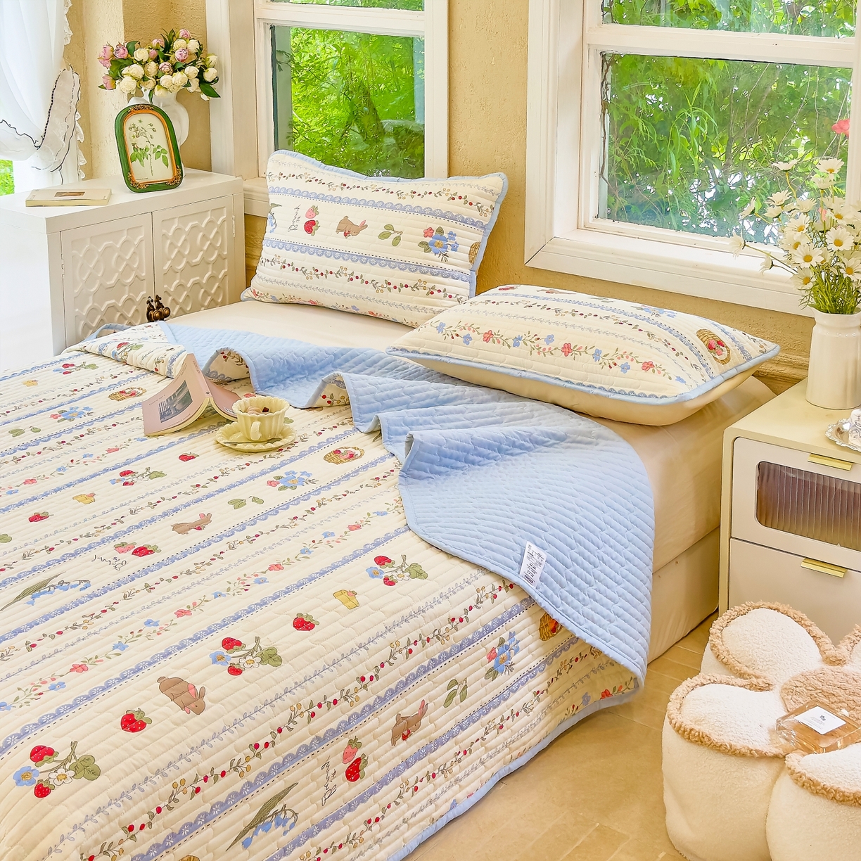 91家纺网 家纺一手货源 找家纺 暖萌 2025新款A类全棉棉花床盖印花三件套 浆果小兔