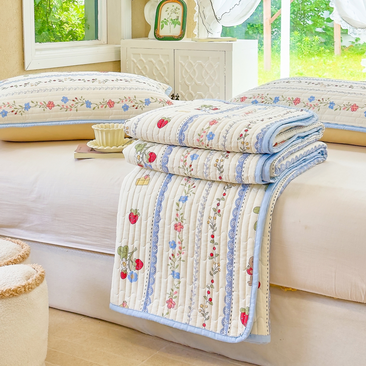 91家纺网 家纺一手货源 找家纺 暖萌 2025新款A类全棉棉花床盖印花三件套 浆果小兔