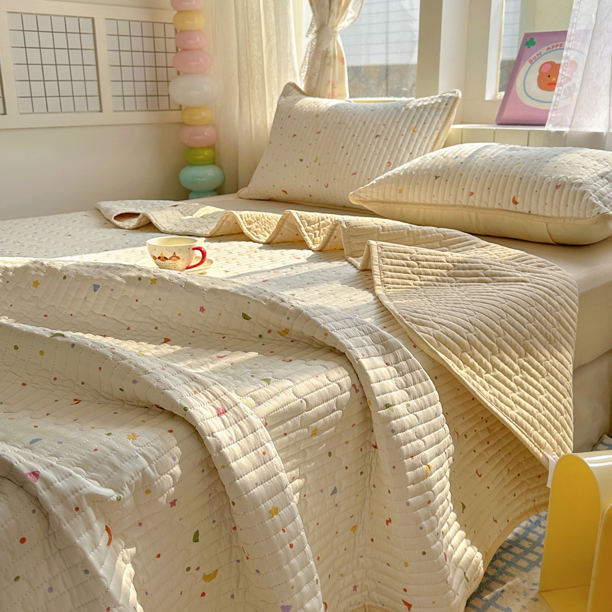 91家纺网 家纺一手货源 找家纺 暖萌 2025新款A类全棉棉花床盖印花三件套 快乐魔法