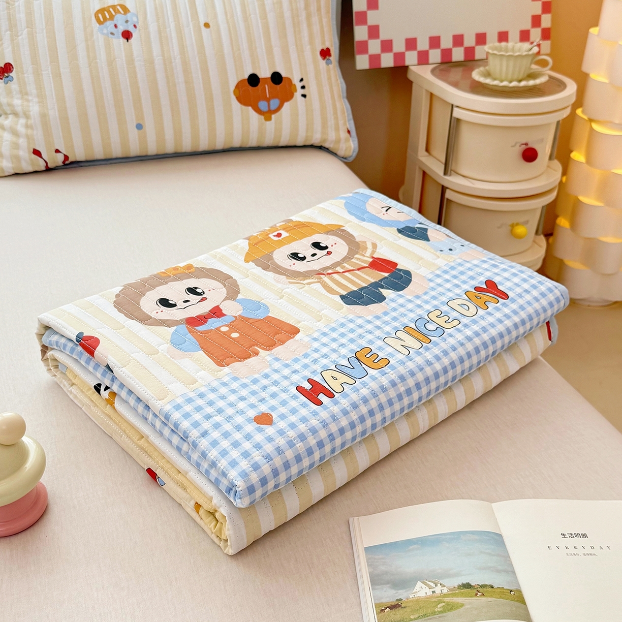 暖萌 2025新款A类全棉棉花床盖印花三件套 拉布兔兔