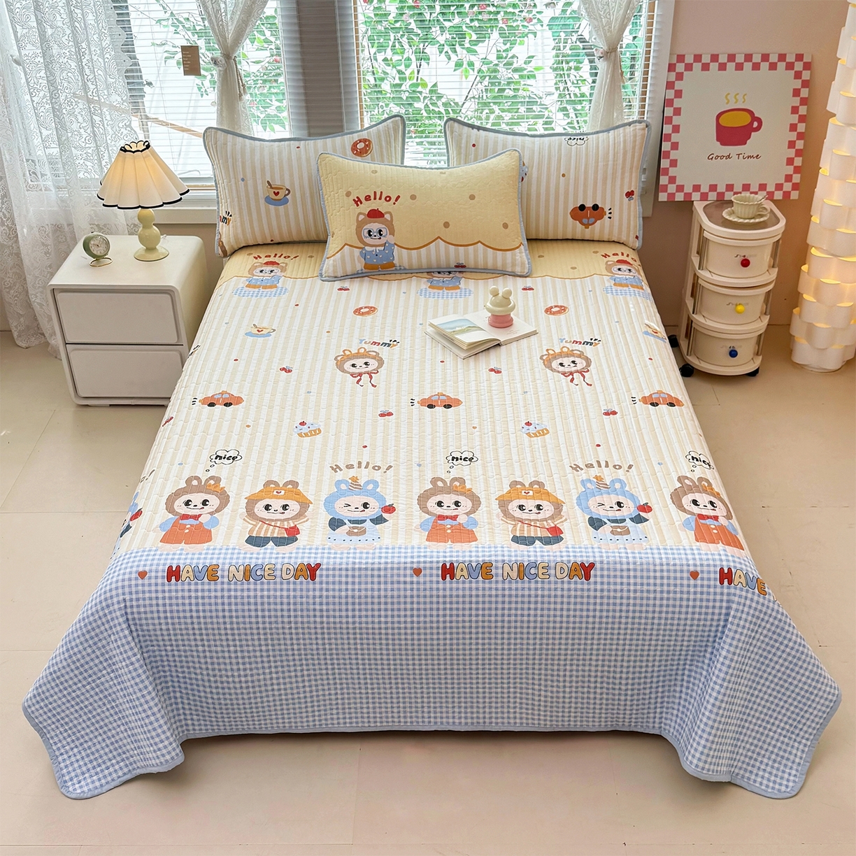 91家纺网 家纺一手货源 找家纺 暖萌 2025新款A类全棉棉花床盖印花三件套 拉布兔兔