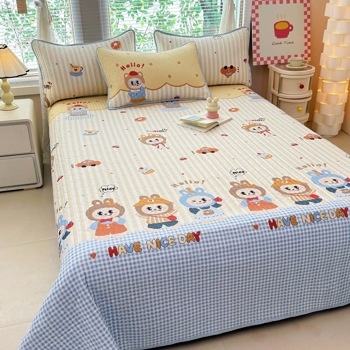 91家纺网 家纺一手货源 找家纺 暖萌 2025新款A类全棉棉花床盖印花三件套 拉布兔兔