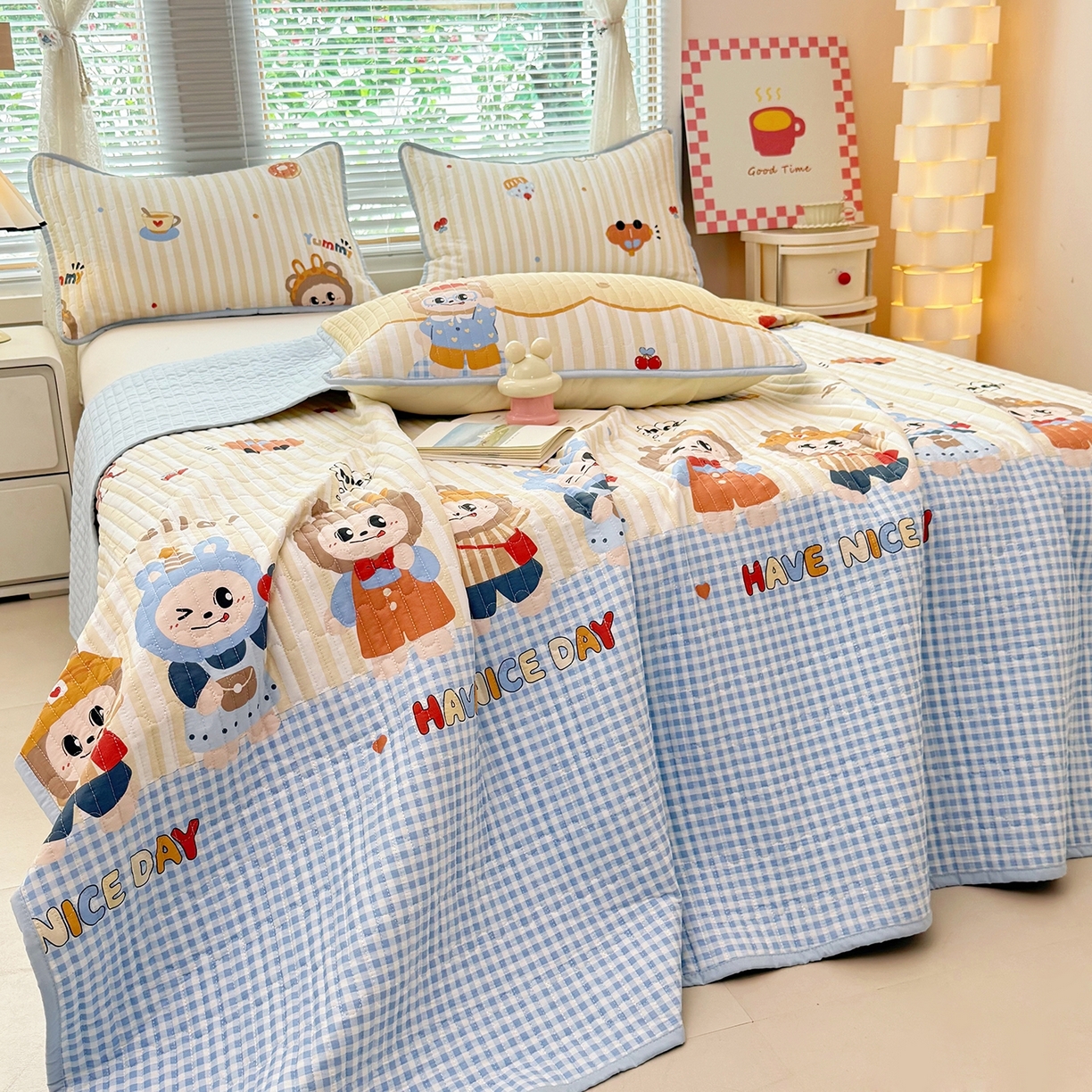 91家纺网 家纺一手货源 找家纺 暖萌 2025新款A类全棉棉花床盖印花三件套 拉布兔兔