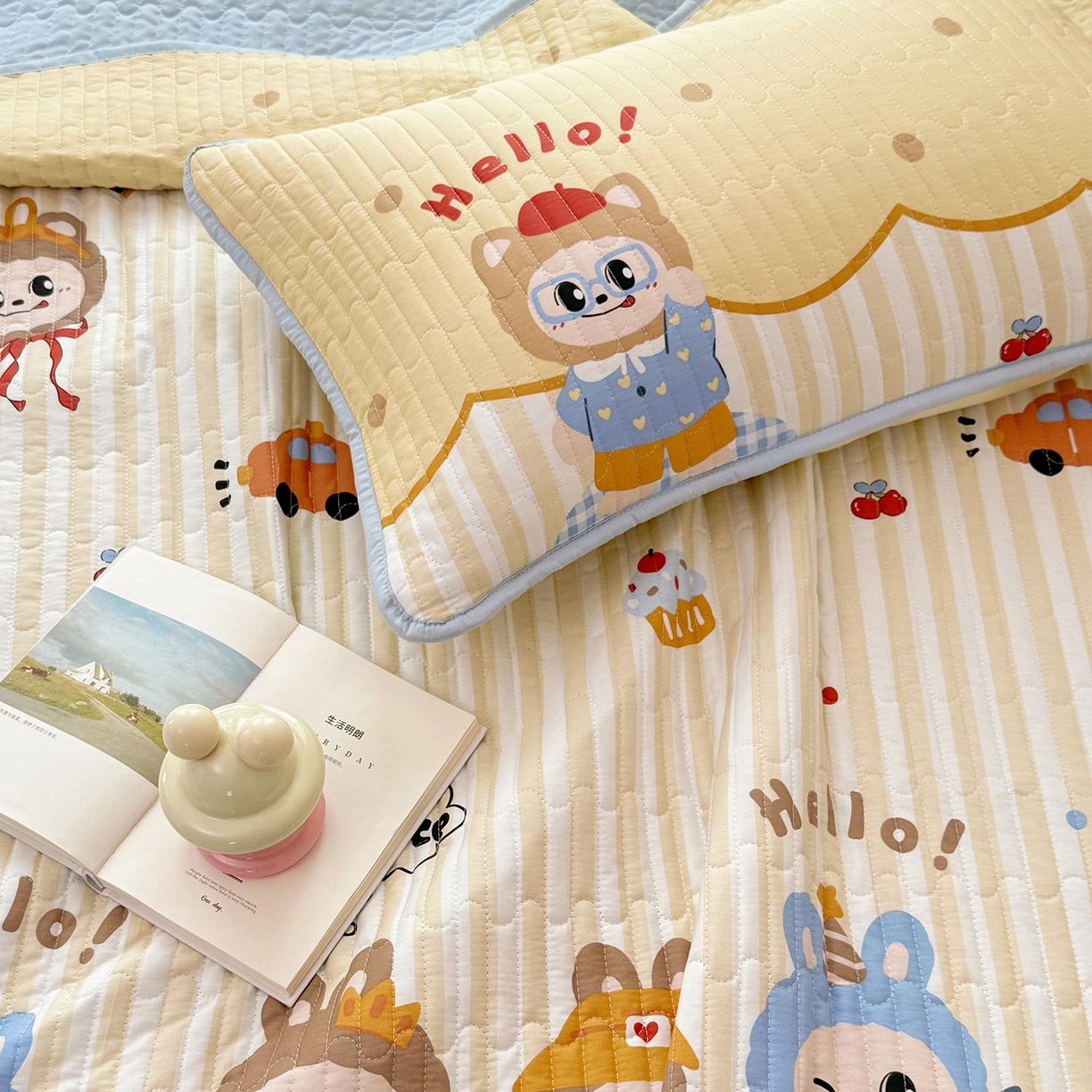 91家纺网 家纺一手货源 找家纺 暖萌 2025新款A类全棉棉花床盖印花三件套 拉布兔兔