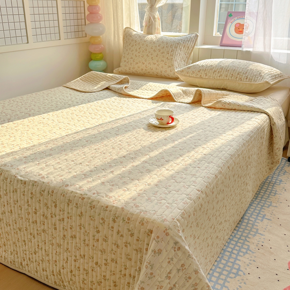 91家纺网 家纺一手货源 找家纺 暖萌 2025新款A类全棉棉花床盖印花三件套 觅秋