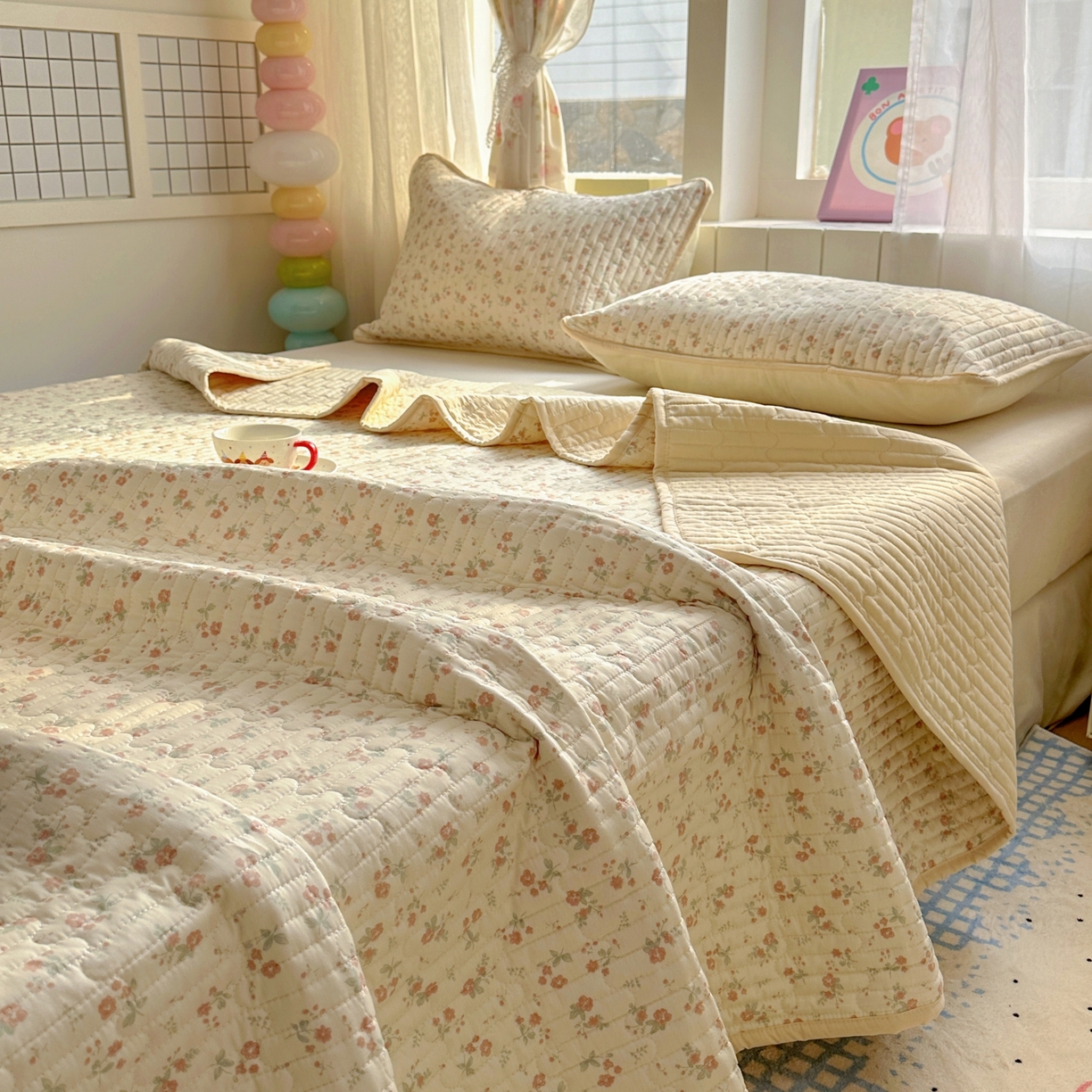 91家纺网 家纺一手货源 找家纺 暖萌 2025新款A类全棉棉花床盖印花三件套 觅秋