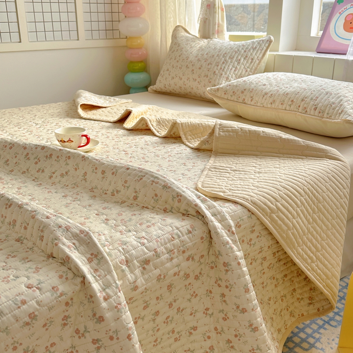 91家纺网 家纺一手货源 找家纺 暖萌 2025新款A类全棉棉花床盖印花三件套 觅秋