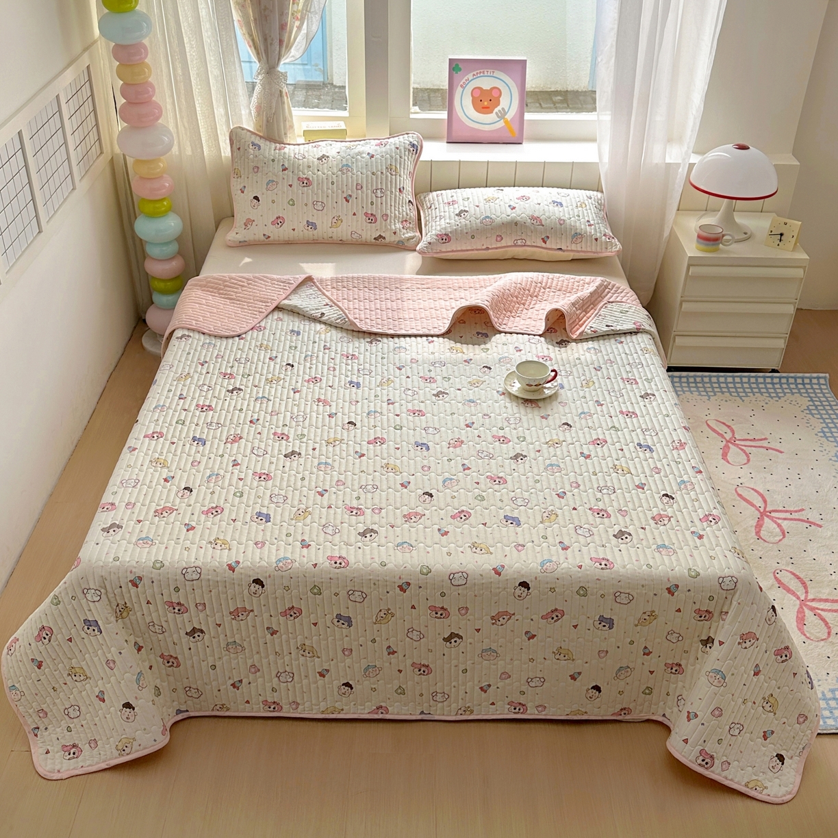 91家纺网 家纺一手货源 找家纺 暖萌 2025新款A类全棉棉花床盖印花三件套 糖果幼儿园