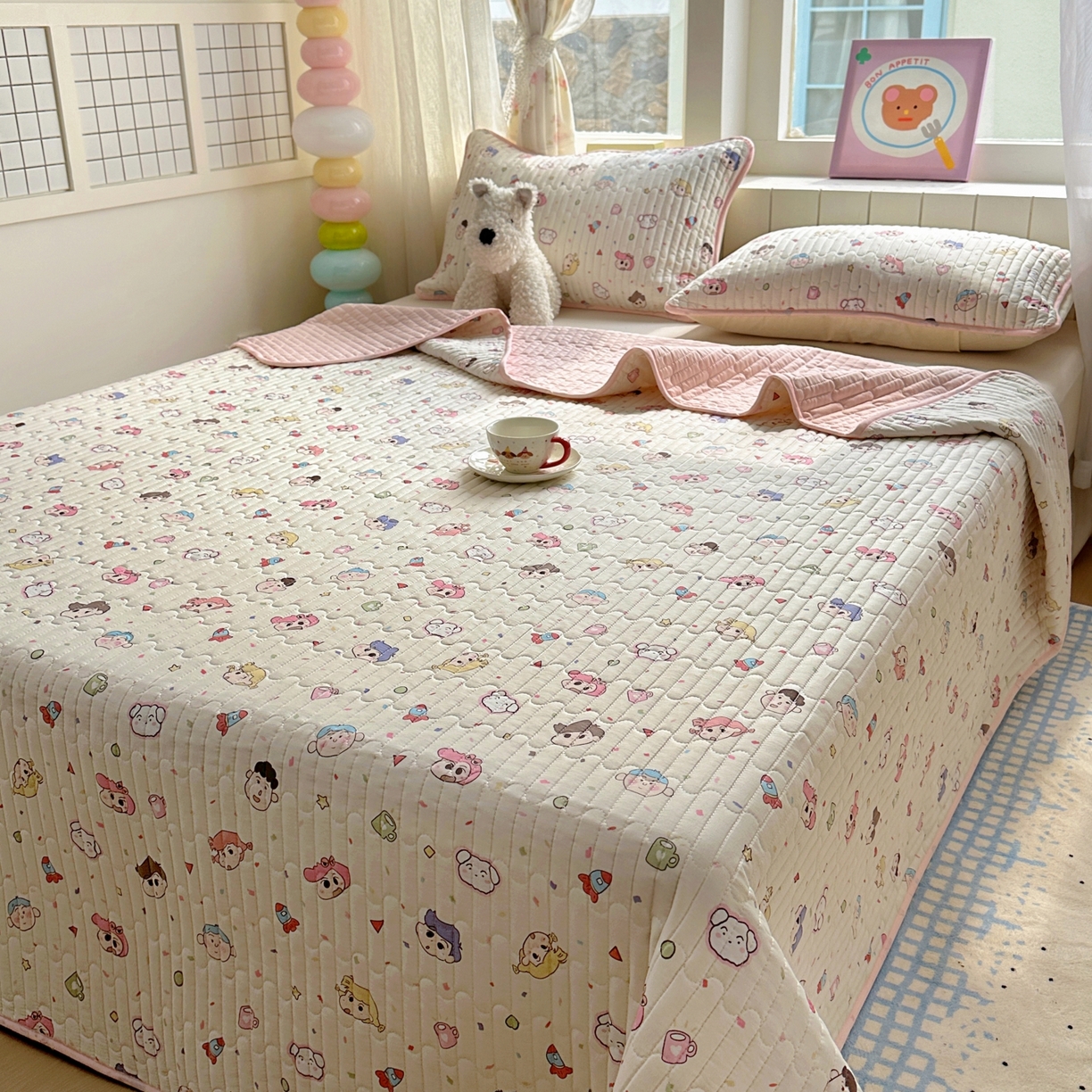 91家纺网 家纺一手货源 找家纺 暖萌 2025新款A类全棉棉花床盖印花三件套 糖果幼儿园