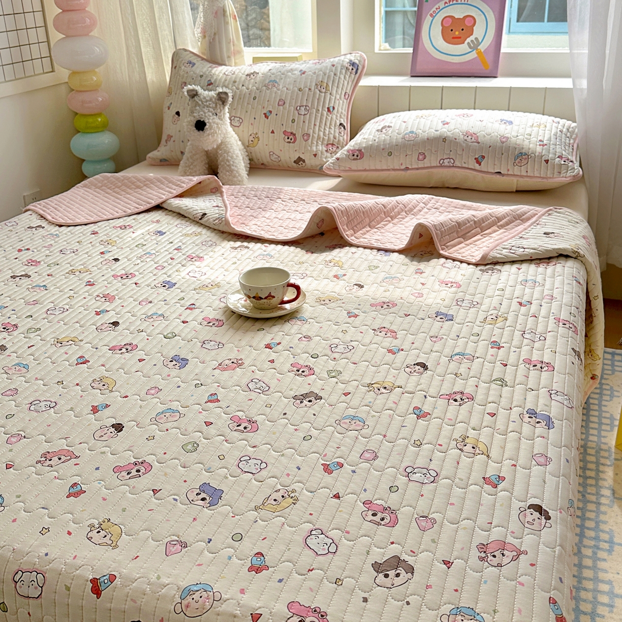 91家纺网 家纺一手货源 找家纺 暖萌 2025新款A类全棉棉花床盖印花三件套 糖果幼儿园