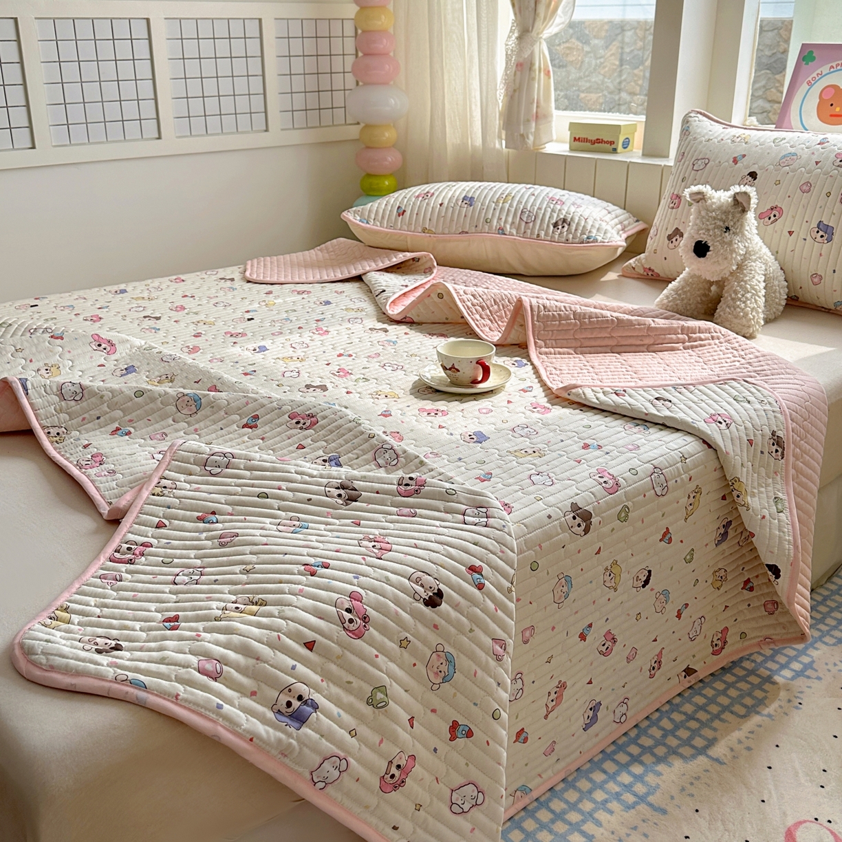 91家纺网 家纺一手货源 找家纺 暖萌 2025新款A类全棉棉花床盖印花三件套 糖果幼儿园