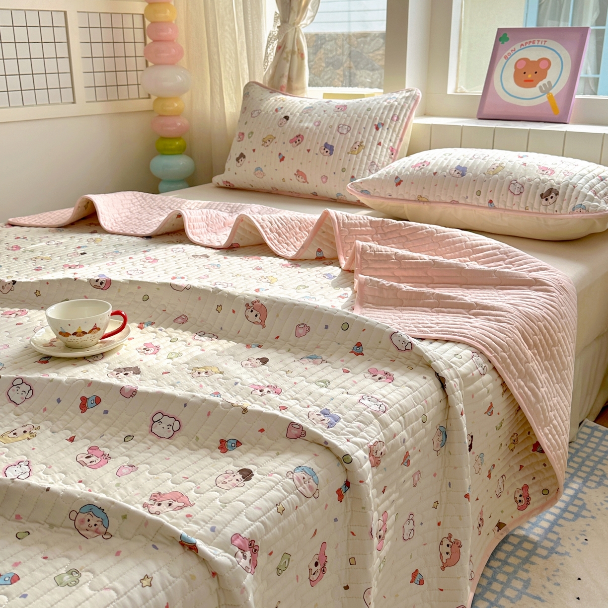 91家纺网 家纺一手货源 找家纺 暖萌 2025新款A类全棉棉花床盖印花三件套 糖果幼儿园