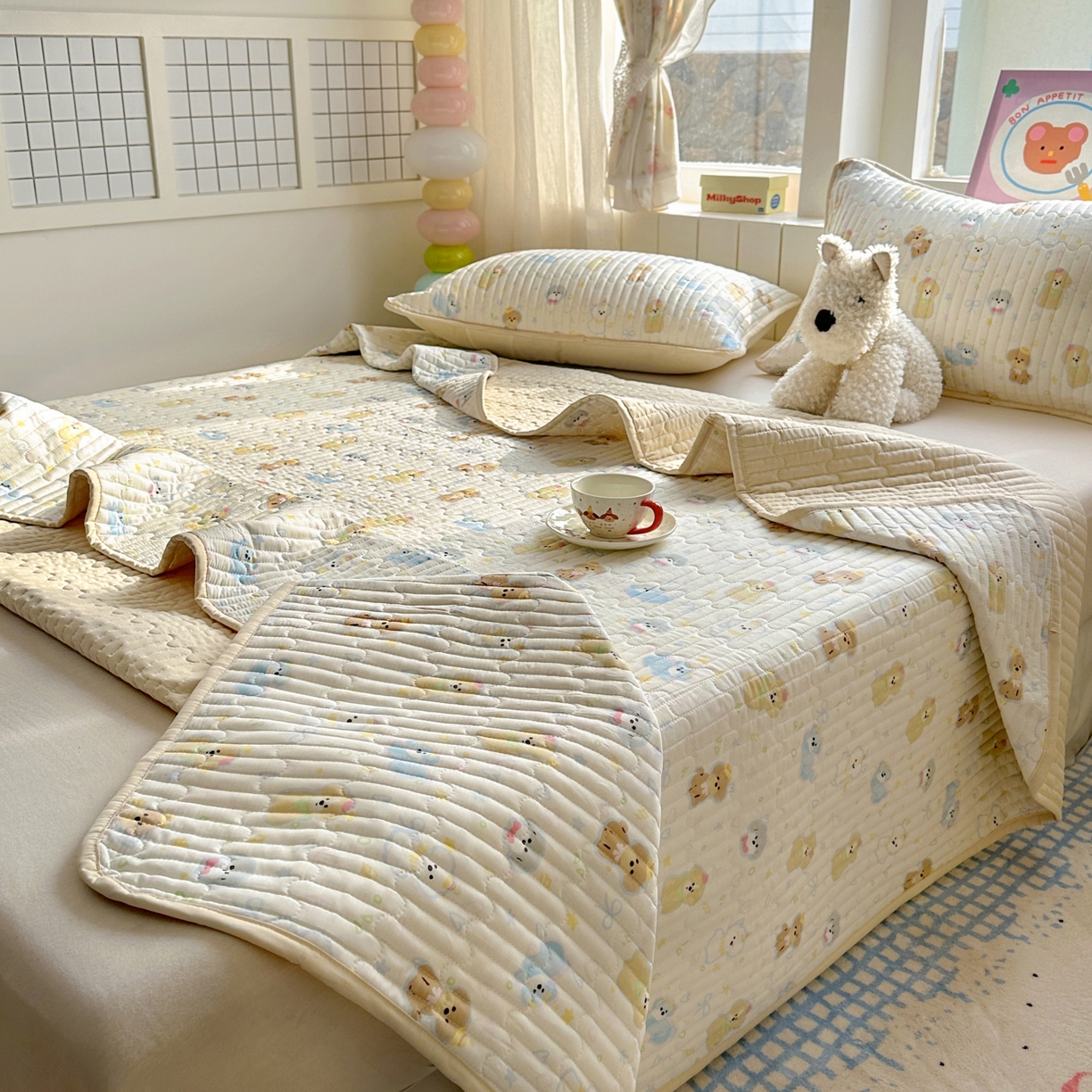 91家纺网 家纺一手货源 找家纺 暖萌 2025新款A类全棉棉花床盖印花三件套 童趣绘彩