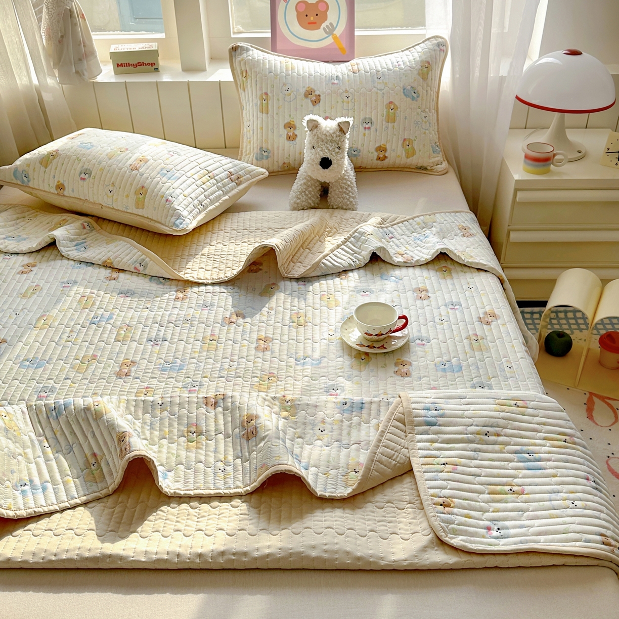 91家纺网 家纺一手货源 找家纺 暖萌 2025新款A类全棉棉花床盖印花三件套 童趣绘彩