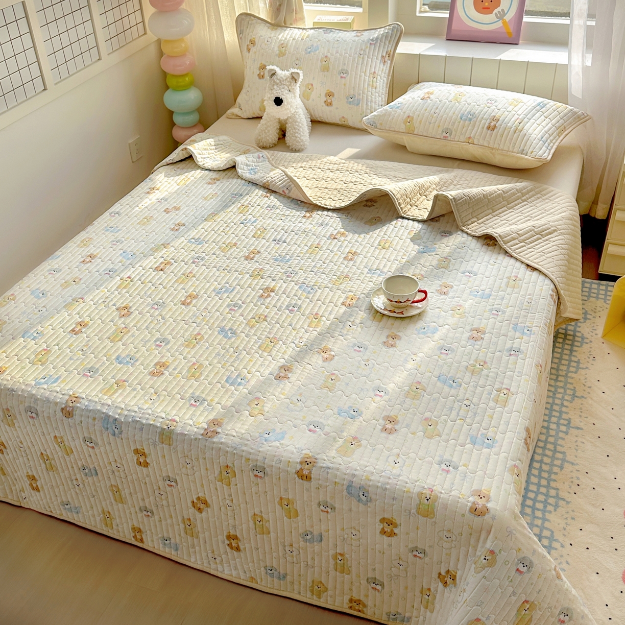 91家纺网 家纺一手货源 找家纺 暖萌 2025新款A类全棉棉花床盖印花三件套 童趣绘彩