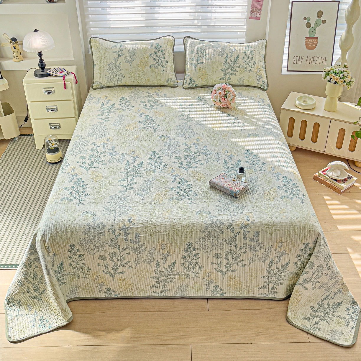 91家纺网 家纺一手货源 找家纺 暖萌 2025新款A类全棉棉花床盖印花三件套 幽兰花谷