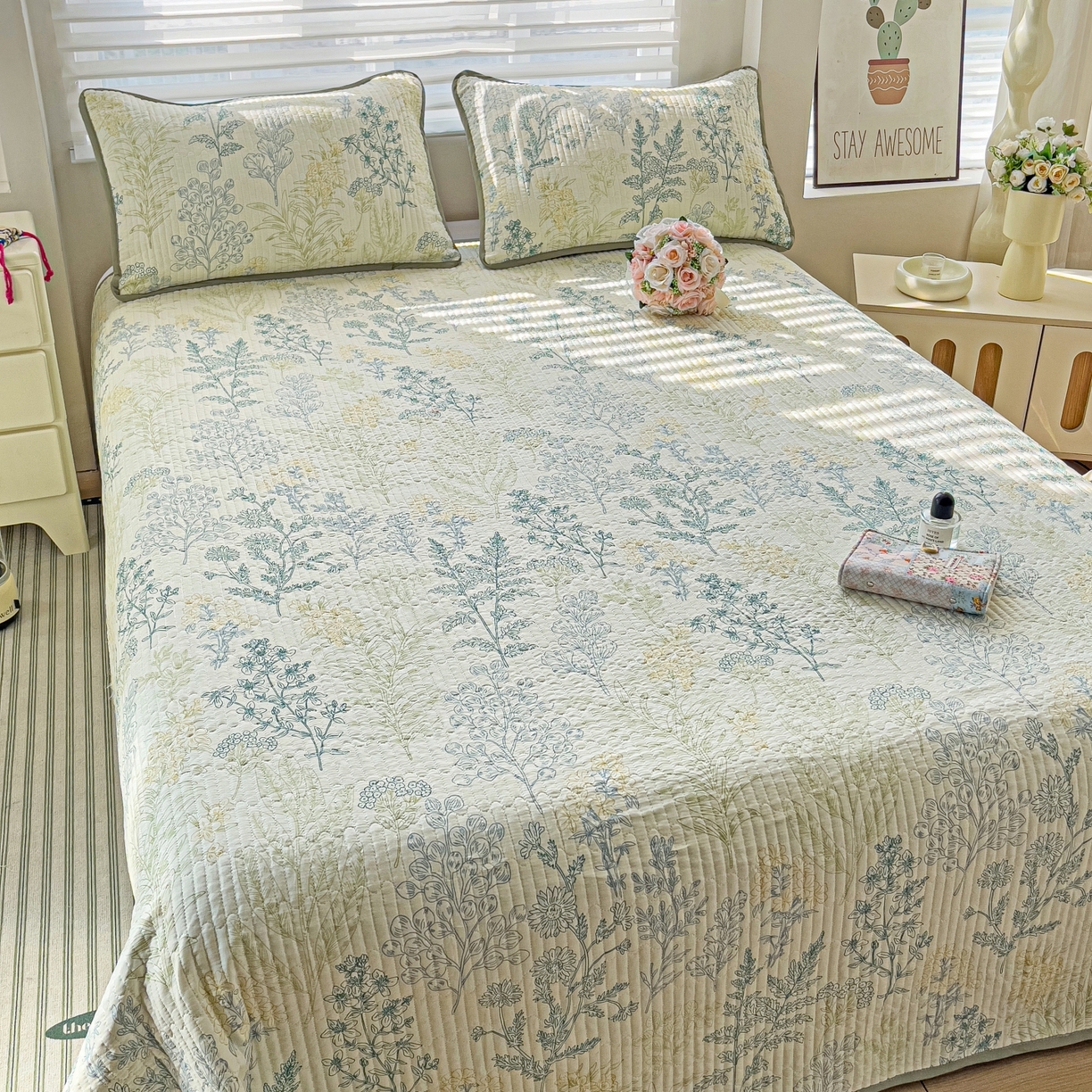 91家纺网 家纺一手货源 找家纺 暖萌 2025新款A类全棉棉花床盖印花三件套 幽兰花谷